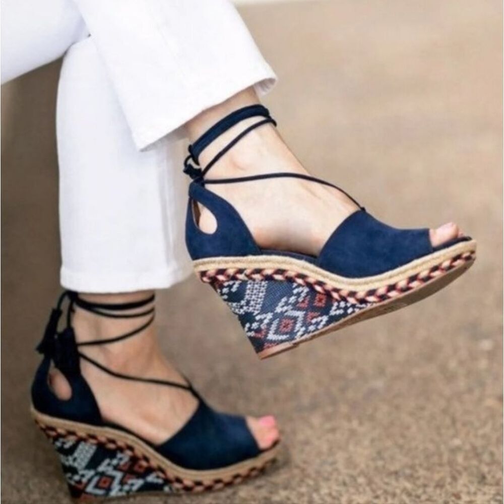 Cabi Isla Suede Wedge Espadrille Ankle Wrap Sandal Navy Size 9